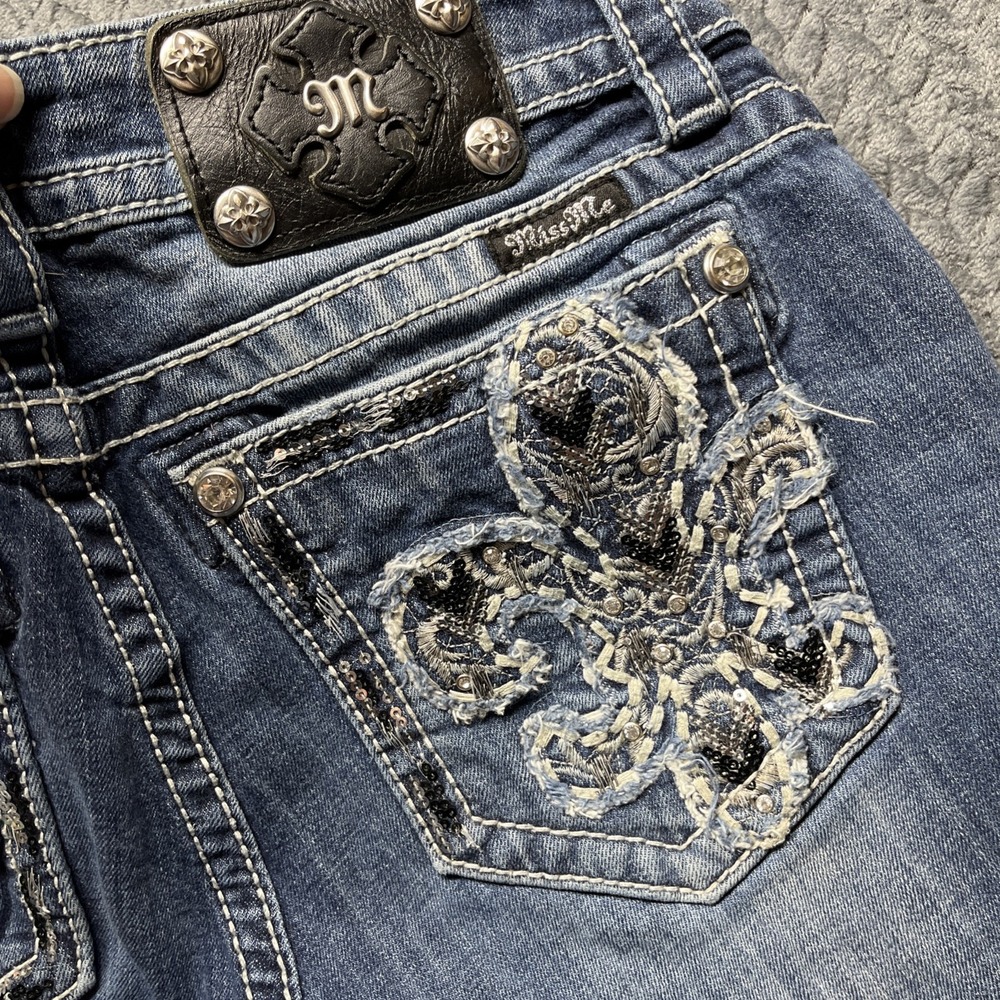 Miss Me Jeans Women's 28X29.5 Blue Signature Skinny‎ Bling Fleur de lis Boho